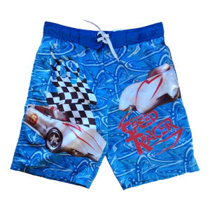 SPEED RACER Youth Boys Blue Novelty Swim Trunks 12/14Y Race Car Racing Cartoon
